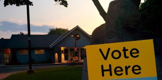 The sun sets behind the Lions Community Centre in Peterborough's East City a few minutes before the polls closed for the Ontario election on June 7, 2018. (Photo: Bruce Head / kawarthaNOW)