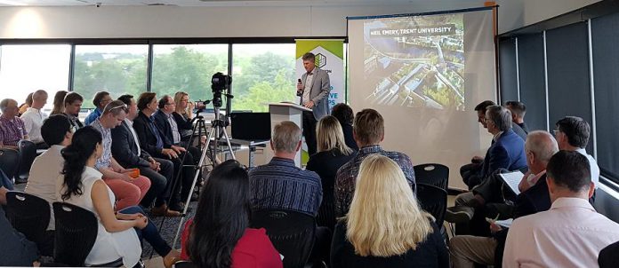 Dr. Neil Emery, Vice President of Research and Innovation at Trent University, addreses the crowd at the Innovation Cluster Peterborough and The Kawarthas annual general meeting on May 31, 2018. (Photo: Amy Bowen / kawarthaNOW.com)