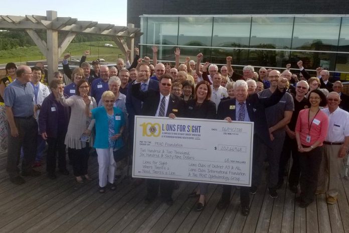 Representatives from area Lions and Lioness Clubs, the Peterborough Regional Health Centre (PRHC) Foundation, and the PRHC Ophthalmology Group celebrate the success of the "Lions for Sight" campaign, which raised $202,669.68 for cataract surgical equipment at PRHC. (Photo courtesy of PRHC Foundation)