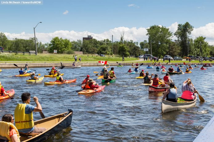 At last year's Lock & Paddle event, paddlers just had to show up. At this year's event, paddlers wishing to lock-through the Peterborough Lift Lock for this year's Lock & Paddle event will need to register (for free) first and obtain a coloured wristband. (Photo: Linda McIlwain / kawarthaNOW.com)