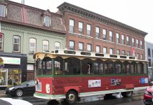 The Town Trolley, owned and operated by Michael Bryant of Dromoland out of Little Britain, will be used to provide free service from downtown Peterborough to Del Crary Park from 6 to 10 p.m. on Wednesdays and Saturdays between June 30 and August 25, 2018. (Photo courtesy of Peterborough DBIA)