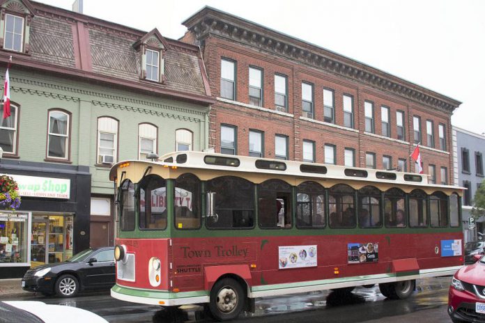 The Town Trolley, owned and operated by Michael Bryant of Dromoland out of Little Britain, will be used to provide free service from downtown Peterborough to Del Crary Park from 6 to 10 p.m. on Wednesdays and Saturdays between June 30 and August 25, 2018. (Photo courtesy of Peterborough DBIA)