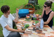 GreenUP staff enjoy a picnic at Ecology Park in Peterborough using waste-free and reusable alternatives to disposable and single-use food packing options. Stainless steel containers, water bottles, reusable drinking boxes, lunch bags, totes, and fabric snack bags -- available at the GreenUP Store -- will help you create a convenient, nutritious, and fun picnic. (Photo: Vern Bastable / GreenUP)