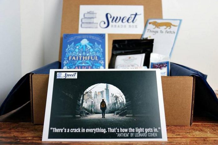 The October 2017 Sweet Reads Box featured the novel "Faithful" by Alice Hoffman, cashew toffee from Templeman Toffee in Port Perry, coffee from Kyoto Coffee from Lakefield, Hatley's Little Blue House Socks, and Magnetic Note Pad and Fred's Mark My Words Bookmarks. (Photo: Sweet Reads Box)