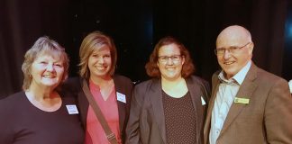 Showplace Performance Centre general manager Emily Martin (second from right) is putting her stamp on the downtown performing arts venue, buoyed by her already extensive experience in the performing arts milieu. Here she is pictured with Showplace board members Brenda Booth and Julie Howe and Nexicom past president Paul Downs in November 2017, when the main performance space was named The Erica Cherney Theatre as a tribute to the late businesswoman and fervent arts supporter. (Photo: Jeannine Taylor / kawarthaNOW.com)