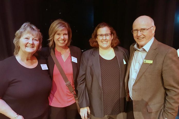 Showplace Performance Centre general manager Emily Martin (second from right) is putting her stamp on the downtown performing arts venue, buoyed by her already extensive experience in the performing arts milieu. Here she is pictured with Showplace board members Brenda Booth and Julie Howe and Nexicom past president Paul Downs in November 2017, when the main performance space was named The Erica Cherney Theatre as a tribute to the late businesswoman and fervent arts supporter. (Photo: Jeannine Taylor / kawarthaNOW.com)