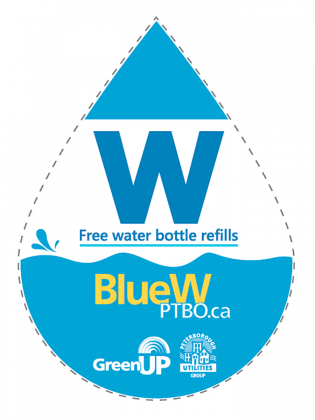 Participating businesses with the BlueW Ptbo decal will allow you to fill up your water bottle with municipal tap water at no cost and with no obligation to buy anything. (Graphic: BlueW Ptbo)