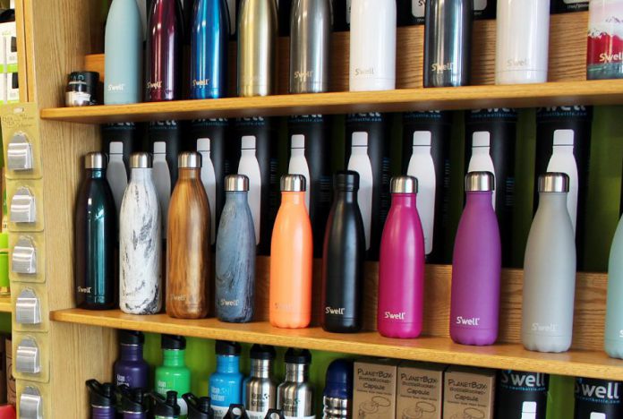 The GreenUP store in downtown Peterborough carries a wide range of refillable water bottles  of different sizes, shapes, and colours. (Photo: Peterborough GreenUP)