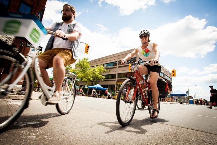 Attendees of this year’s Peterborough Pulse open streets festival are encouraged to use active and sustainable transportation to get to the event; take transit, walk, or bike. A free bike valet service will be available to allow cyclists to park their bikes and enjoy the festival on foot. (Photo: Vicky Paradisis)