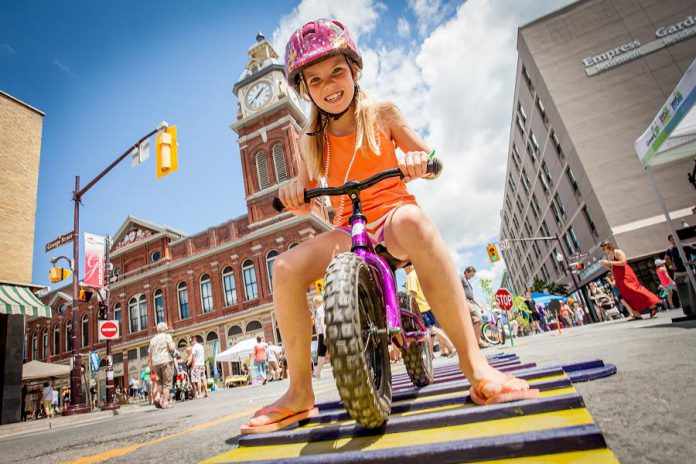 Again this year, the Peterborough Pulse route will be animated with local performers, mini fitness classes, children’s arts and crafts, dance and live music, and the children’s bike playground, as seen here. Everything is free and fun for everyone. (Photo: Vicky Paradisis)