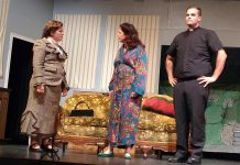 Miranda Warren as Miss Skillon, Sharon Drew as Penelope Toop, and Dylan Robichaud as Reverend Lionel Toop in "See How They Run", a fundraiser for Little Lindsay Theatre taking place on July 20 and 21, 2018 at the Academy Theatre in Lindsay. (Photo: Sam Tweedle / kawarthaNOW)