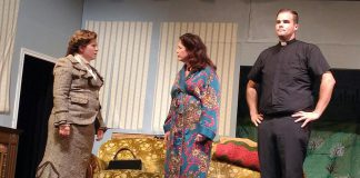 Miranda Warren as Miss Skillon, Sharon Drew as Penelope Toop, and Dylan Robichaud as Reverend Lionel Toop in "See How They Run", a fundraiser for Little Lindsay Theatre taking place on July 20 and 21, 2018 at the Academy Theatre in Lindsay. (Photo: Sam Tweedle / kawarthaNOW)