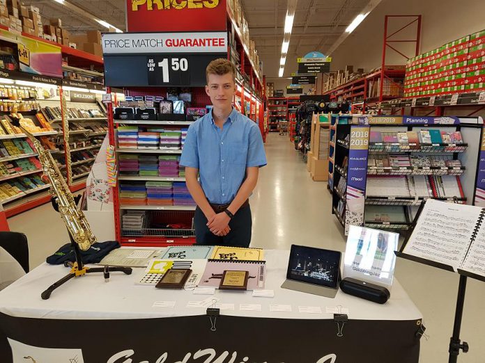 Thomas A. Stewart Secondary School student Noah Abrahamse is offering his musical skills for hire with his company GoldWing Jazz. (Photo: Amy Bowen / kawarthaNOW.com)