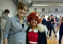 Director Claire Imrie with Gracie Silveira during a rehearsal for "Annie: The Musical". Gracie stars in the lead role of the Triple Threat Theatre production, which runs for four performances at the Academy Theatre for Performing Arts in Lindsay from August 16 to 19, 2018. (Photo: Sam Tweedle / kawarthaNOW.com)