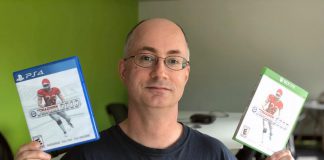 David A. Winter, president of Peterborough-based video game studio Canuck Play, with Maximum Football 2018, which has been certified for and officially released on both the PS4 and Xbox One video game platforms. (Photo courtesy of the Innovation Cluster)