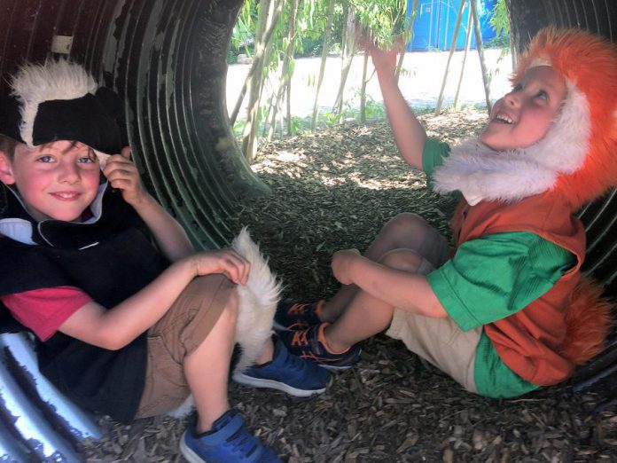 Children enjoy the skunk and fox costumes in the willow tunnel at Ecology Park's children's garden, which will be all set up as usual this Family Night with interactive nature activities, puppets, and more.  (Photo: Karen Halley)
