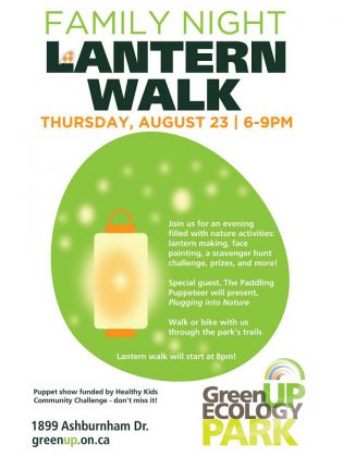 The annual GreenUP Ecology Park Family Night & Lantern Walk is a free event taking place from 6 to 9 p.m. on Thursday, August 23, 2018.