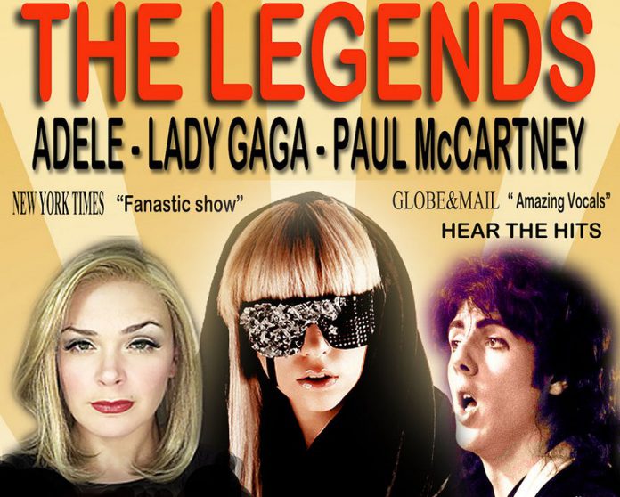 Angela Seeger sings as Adele, Kara Chandler sings as Lady Gaga, and Jeremy Wright sings as Paul McCartney in The Legends, a free concert at Peterborough Musicfest on August 18, 2018 at Del Crary Park in Peterborough. (Supplied graphic)