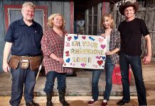 James Barrett as Ray, Sarah Quick as Caroline, Tara Koehier as Hannah, and Jake Simons as Jesse Emberley in the Globus Theatre production of "Sugar Road" as the Lakeview Arts Barn in Bobcaygeon until September 1, 2018. (Photo: Sam Tweedle / kawarthaNOW.com)