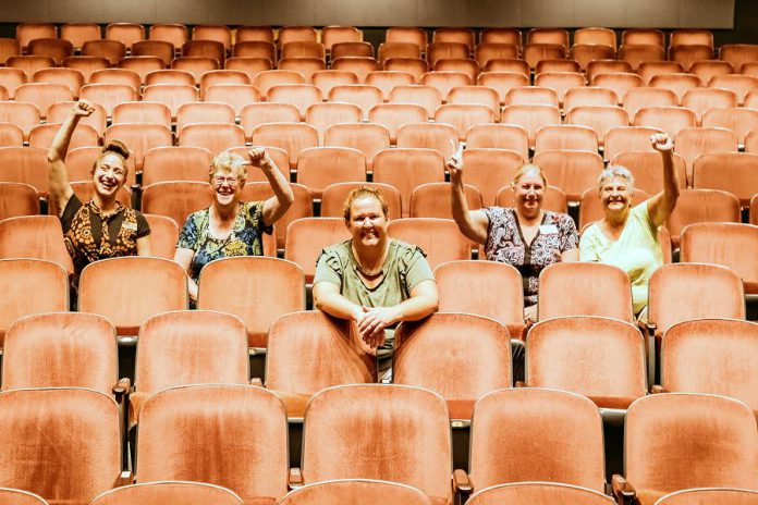 Showplace Performance Centre General Manager Emily Martin (centre) with some of the members of the not-for-profit charitable organization's team (left to right): House and Volunteer Manager Kait Dueck, Board Chair Pat Hooper, and Box Office Assistants Diane Stiles and Maureen Lewis (not pictured: Box Office Manager Theresa Foley, Marketing and Development Manage Susan Oliver, and Membership Coordinator Arlene Davis). Previously Marketing Manager, Emily was appointed General Manager in April 2017 after acting in the position for almost a year. (Photo: Heather Doughty)