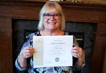 This year the Women's Business Network of Peterborough (WBN) has teamed up with Canadian Blood Services to organize blood donation drives, one of a number of initiatives WBN is planning for its the 2018-19 season to give back to the community. Pictured is WBN member Anne Arnold with a certificate from Canadian Blood Services recognizing her 75 blood donations. (Photo: Anne Arnold)