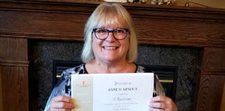 This year the Women's Business Network of Peterborough (WBN) has teamed up with Canadian Blood Services to organize blood donation drives, one of a number of initiatives WBN is planning for its the 2018-19 season to give back to the community. Pictured is WBN member Anne Arnold with a certificate from Canadian Blood Services recognizing her 75 blood donations. (Photo: Anne Arnold)