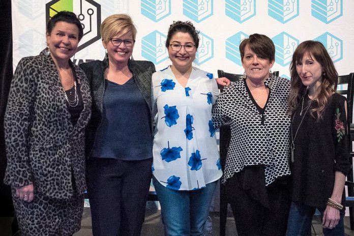 kawarthaNOW.com founder and publisher Jeannine Taylor (left) was one of four women to speak at "Fierce Female Founders", an E-connect! event in March 2018 celebrating female entrepreneurship for International Women's Day. The panel was introduced by the Minister of Status of Women and Peterborough-Kawartha MP Maryam Monsef (centre) and also featured Steelworks Design co-founder Rhonda Barnett, "serial entrepreneur" Peggy Shaughnessy, and Amusé Coffee founder Lindsay Brock. (Photo: Samantha Moss / MossWorks Photography)