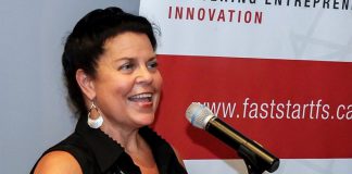 Jeannine Taylor, founder and publisher of online publication kawarthaNOW.com, first launched a community-focused website in 1996. Today, kawarthaNOW.com is the preeminent independent and locally owned online media company in the Kawarthas. Here Jeannine speaks at E-connect!, a monthly forum held by FastStart Peterborough and the Innovation Cluster that connects Peterborough's entrepreneurs and start-ups with the region's most accomplished mentors, investors, and advisers. (Photo: Samantha Moss / MossWorks Photography)