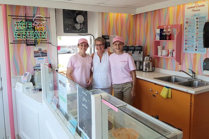 Jenn Scates (centre) with employees Allison Zoomer and Molly Strain at the  Central Smith Creamery parlour store at 739 Lindsay Road in Selwyn. As well as being Vice President/Marketing, Jenn manages the parlour store, which operates during the summer months. (Photo: Amy Bowen)