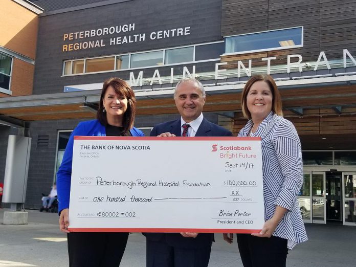 Scotiabank's Michelle Powers, Community Manager, Kawartha Centre (left) and Nick Toritto, District Vice President Ontario Central East (centre) present Lesley Heighway, PRHC Foundation President & CEO, with a cheque for $100,000 in support of the growth and expansion of services at Peterborough Regional Health Centre's Pediatric Outpatient (POP) Clinic, including the expansion of pediatric oncology services. Thanks to their visionary support, fewer children will have to travel outside the region to receive lifesaving cancer treatment. (Supplied photo)