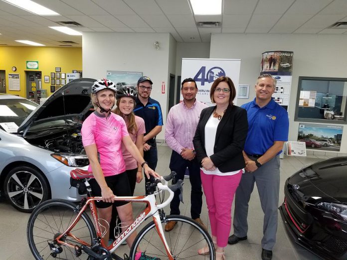 Lesley Heighway joins representatives from BEL Rotary and Subaru Peterborough at the kick off for the 2018 BEL Rotary Bike for Your Hospital, a fundraising ride taking place Saturday, September 15th in support of emergency patient care at Peterborough Regional Health Centre. Visit www.bikeforyourhospital.ca for details.  (Supplied photo)