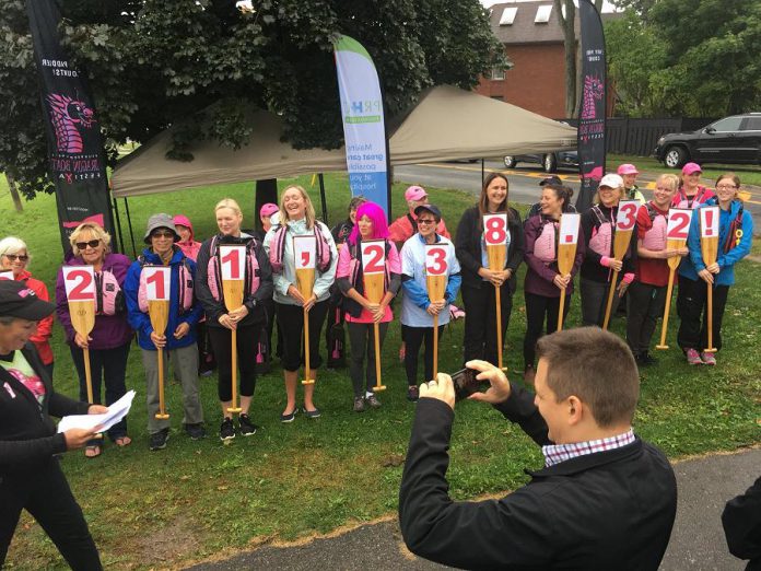 Representatives from the Peterborough's Dragon Boat Festival community teams, sponsors, and volunteers gathered used paddles to spell out this year's donation to the PRHC Foundation. (Photo: Peterborough's Dragon Boat Festival / Twitter)