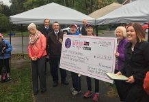 Pterborough Regional Health Centre Foundation President & CEO Lesley Heighway (right) accepts a cheque for $211,238.32 from volunteers from Survivors Abreast and representatives of the Peterborough's Dragon Boat Festival organizing committee on September 25, 2018. The funds raised by the annual festival will be used to support fast and accurate breast cancer diagnosis through innovation in PRHC's laboratory. (Photo: Peterborough's Dragon Boat Festival / Twitter)