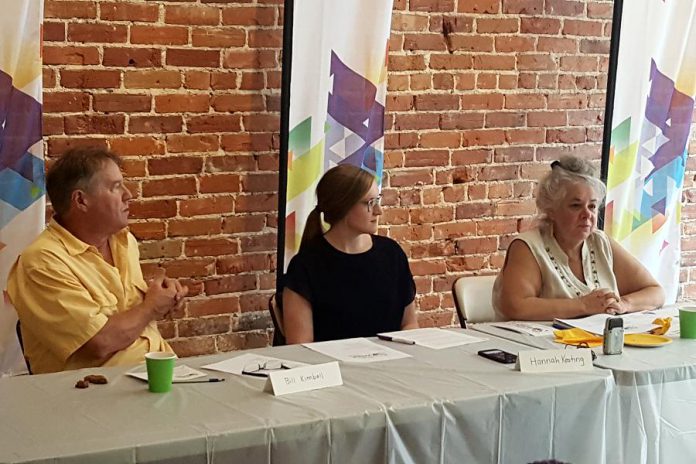 Artsweek 2018 executive producer Su Ditta (right) with artistic producer Hannah Keating and Bill Kimball, president of the board of The Electric City Culture Council  and artistic director at Public Energy, at the launch announcement for Artsweek 2018. (Photo: Jeannine Taylor / kawarthaNOW.com)