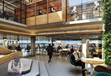 Design concept of the transformed Bata Library when completed. Around 90 per cent of the construction and renovation process has been completed to date, when the library scheduled to re-open in phases in the fall of 2018. As part of the transformation, Trent University is donating 250,000 books to the Internet Archive to be digitized as part of the organization's Open Libraries project. (Illustration: Trent University)