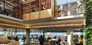 Design concept of the transformed Bata Library when completed. Around 90 per cent of the construction and renovation process has been completed to date, when the library scheduled to re-open in phases in the fall of 2018. As part of the transformation, Trent University is donating 250,000 books to the Internet Archive to be digitized as part of the organization's Open Libraries project. (Illustration: Trent University)