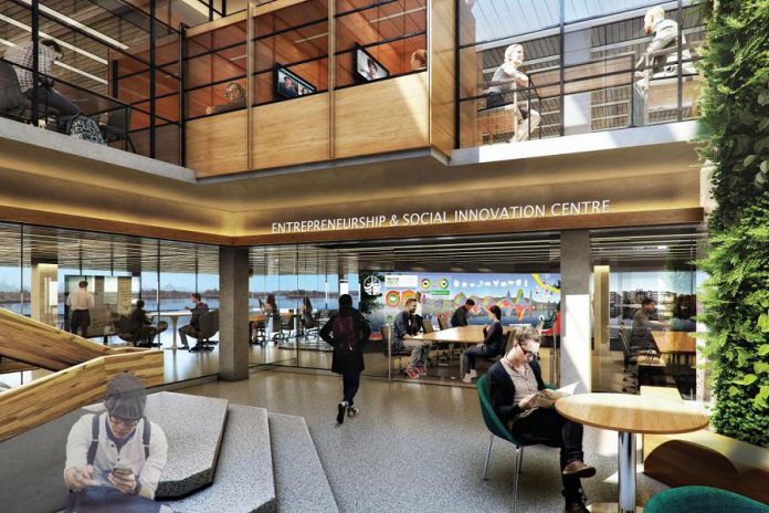 Design concept of the transformed Bata Library when completed. Around 90 per cent of the construction and renovation process has been completed to date, when the library scheduled to re-open in phases in the fall of 2018. As part of the transformation, Trent University is donating 250,000 books to the Internet Archive to be digitized as part of the organization's Open Libraries project. (Illustration: Trent University)