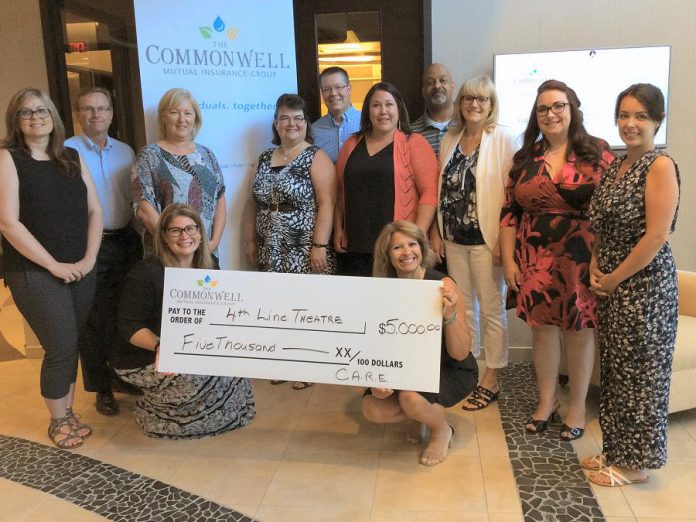 4th Line Theatre's artistic director Kim Blackwell (kneeling, right) and Caitlin McGill (far right) accept a cheque for $5,000 from representatives of The Commonwell Mutual Insurance Group:  Sarah Steele, Chief Strategy Officer David Blodget, Karen Willette, Wendy Norris, Michael Leach, Amanda Kruk of Sentinel Risk Insurance, Trevor Anderson, Julie Bryant, Nicky Burns of Sentinel Risk Insurance, and Jennifer Hope (kneeling, left). The funds will be used for the theatre's youth programs. (Photo courtesy of The Commonwell Mutual Insurance Group)