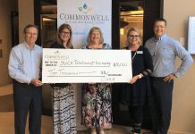 Tina McFarlane of YMCA Peterborough Haliburton (centre) accepts a cheque for $10,000 from representatives of The Commonwell Mutual Insurance Group: Chief Strategy Officer David Blodgett, Jennifer Hope, Gena Scott, and Michael Leach. The funds will be used for the YWCA's Homeward Bound program. (Photo courtesy of The Commonwell Mutual Insurance Group)