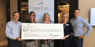 Tina McFarlane of YMCA Peterborough Haliburton (centre) accepts a cheque for $10,000 from representatives of The Commonwell Mutual Insurance Group: Chief Strategy Officer David Blodgett, Jennifer Hope, Gena Scott, and Michael Leach. The funds will be used for the YWCA's Homeward Bound program. (Photo courtesy of The Commonwell Mutual Insurance Group)