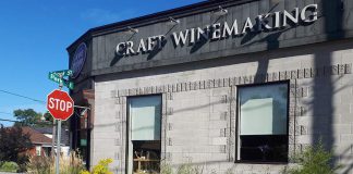 The Wine Shoppe on Park, on the corner of Park and Brock Streets in Peterborough, is one of many local businesses taking environmental actions to green their business. In 2016, The Wine Shoppe worked with GreenUP to DePave an area outside their front entrance, replacing pavement with a garden. (Photo courtesy of GreenUP)