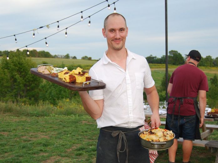 Chef Matthew Ness of Centennial College opened the dinner with a first course selection of fresh-baked breads, flavoured butters, dips, and crudités. (Photo: April Potter / kawarthaNOW.com)