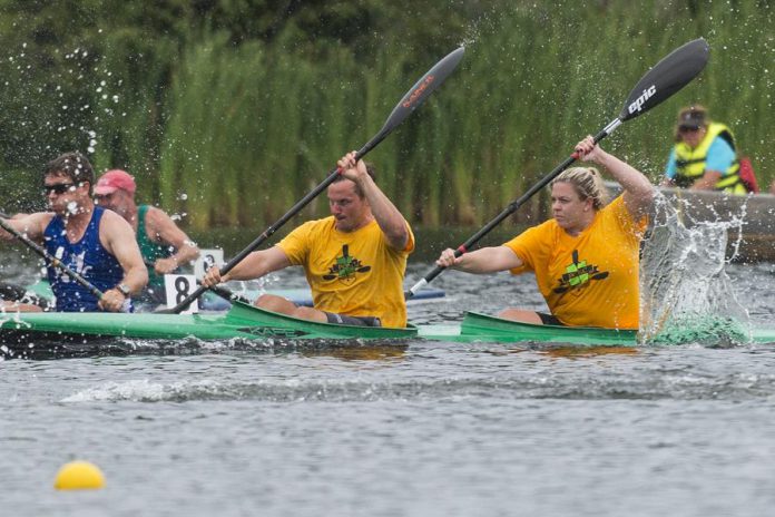A determined Darren Mossman and Stephanie Hughes of the Peterborough Canoe & Kayak Club placed fifth in the Mixed K2 AB race at the 2018 Canadian Masters Sprint Canoe-Kayak Championships in Sherbrooke, Quebec on September 2, 2018. (Photo courtesy of Peterborough Canoe & Kayak Club)