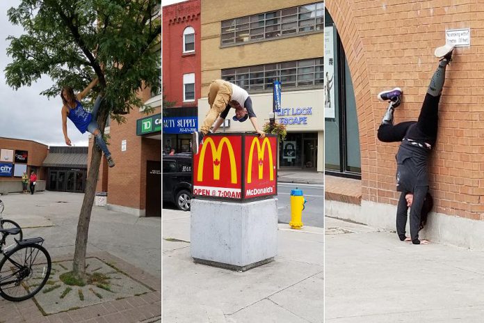 Divergent Dances artists exploring the space at Peterborough Square at the corner of George and Simcoe Streets. The artists have been rehearsing on site to develop the performance daily since mid-September. (Photos: Patrica Levert-Thorne)