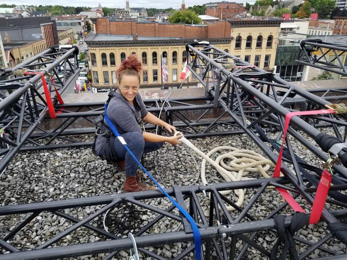 Setting up the equipment on the roof of Peterborough Square for the aerial component of the Divergent Dances performance. (Photo: Patrica Levert-Thorne)