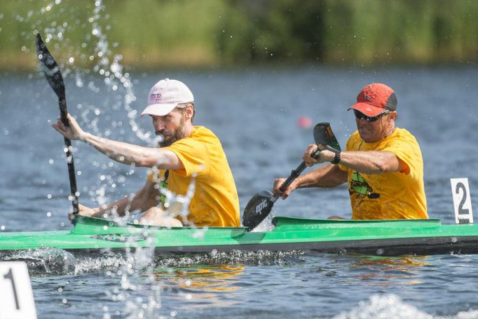 Leif Einarson and Bill Thornton  of the Peterborough Canoe & Kayak Club placed sixth in the in Men's K2 C race at the 2018 Canadian Masters Sprint Canoe-Kayak Championships in Sherbrooke, Quebec on September 2, 2018. (Photo courtesy of Peterborough Canoe & Kayak Club)