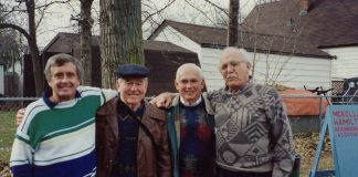 Peter Adams (left) in the late '80s when he was MPP for Peterborough, with community activist John Taylor (the late father of kawarthaNOW publisher Jeannine Taylor), former Peterborough Mayor Jack Doris, and the late community activist Bruce Knapp, during a fundraiser for McKellar Hamilton Park, now known as the John Taylor Memorial Park. (Photo: Jeannine Taylor)