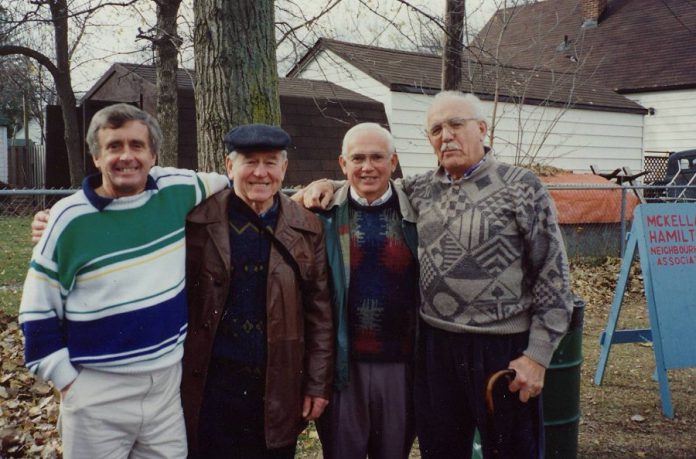 Peter Adams (left) in the late '80s when he was MPP for Peterborough, with community activist John Taylor (the late father of kawarthaNOW publisher Jeannine Taylor), former Peterborough Mayor Jack Doris, and the late community activist Bruce Knapp, during a fundraiser for McKellar Hamilton Park, now known as the John Taylor Memorial Park. (Photo: Jeannine Taylor)