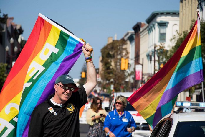 The first Peterborough Pride parade was held on September 13, 2003, with 300 people participating. This year's parade is expected to include over 750 participants, including numerous floats and groups and a pipe band. (Photo: Peterborough Pride)