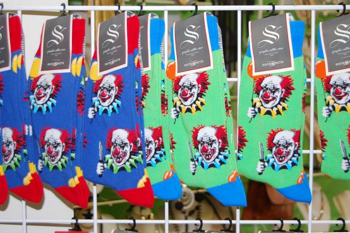 Some of the film crew have purchased crazy clown socks from Kenneth Bell on Walton Street. (Photo: April Potter / kawarthaNOW.com)